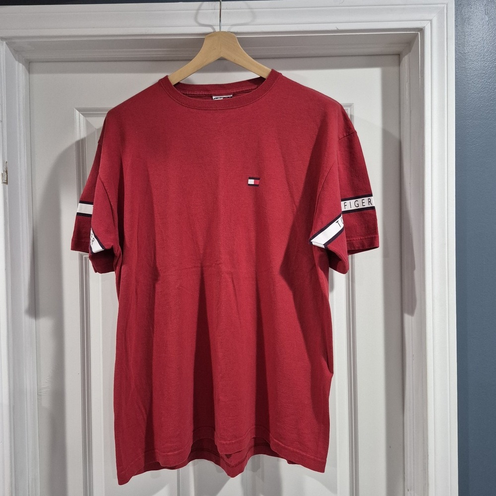 Vintage Tommy Hilfiger Shirt Mens Large Red Tee Y2K 90s Made In USA